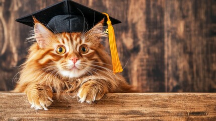 Cat wearing graduation cap poses on wooden surface, showcasing celebration of achievements and higher education