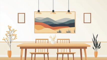 Rustic Farmhouse Dining Room with Abstract Landscape Painting