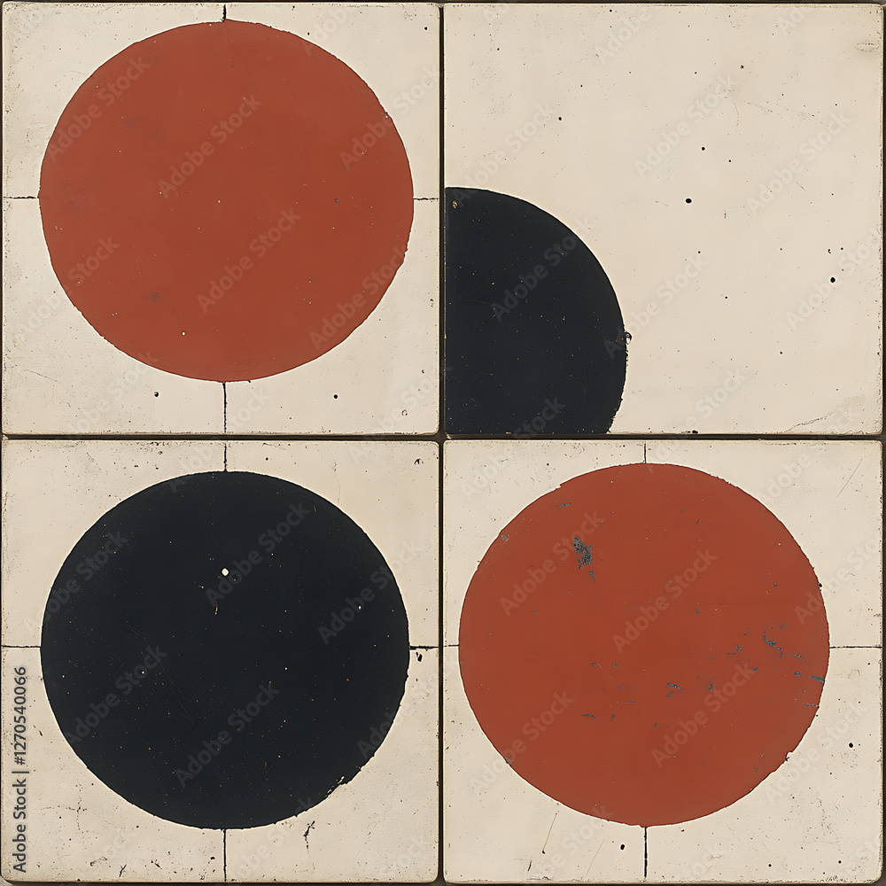 Poster abstract geometric arrangement of circles and quarter circle on patterned square tile background