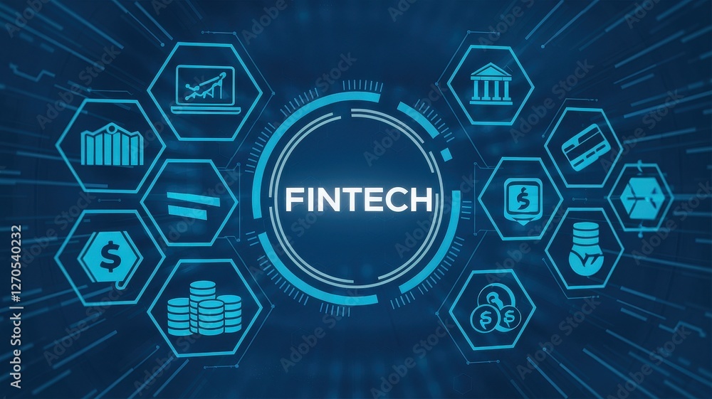 Poster digital fintech technology presented with interconnected network design and icons