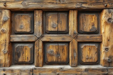 Rustic wooden wall with square panels, detailed texture. Ideal for backgrounds, rustic designs, and vintage projects.