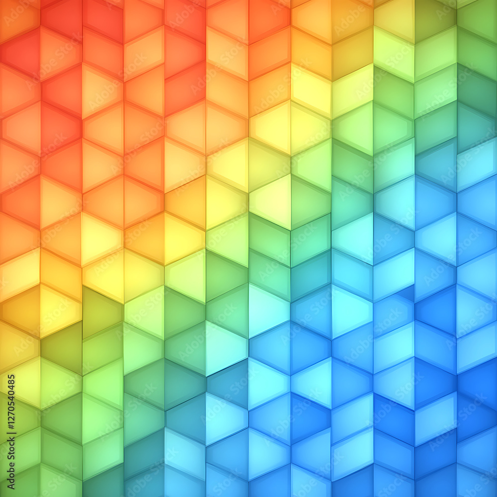 Poster abstract geometric cube pattern in rainbow gradient with dimensional depth and shadow play design