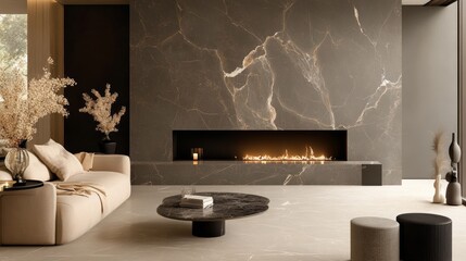 Modern Luxury Living Room with Fireplace and Sleek Marble Decor