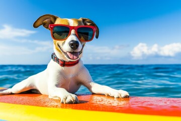 Dog enjoys a summer day at the beach with sunglasses while relaxing on a surfboard in the ocean