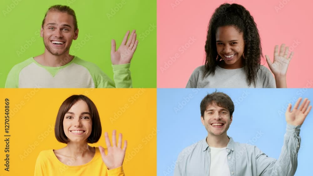 Poster four people of different backgrounds are joyfully waving and smiling. each individual is set against