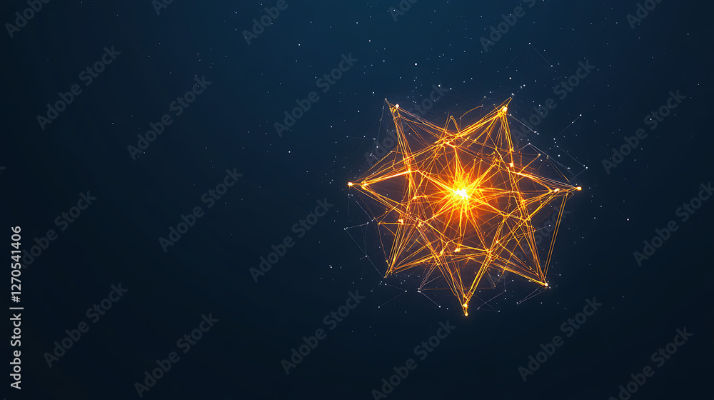 Poster abstract geometric shape with luminous center and dark blue background with scattered points