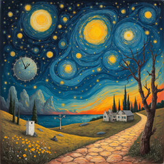 Obraz premium Surreal starry night landscape with glowing sky, moon clock, and dreamy pathway 