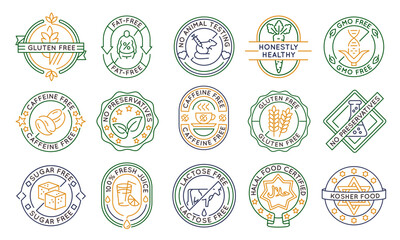 Product logos, labels, icons. A set of 15 product logotypes. Gluten free, sugar free, halal, kosher, lactose free, fat free food. Ideal for health food and product. Vector illustration