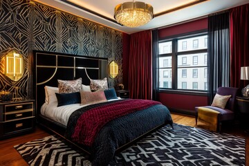 An Art Deco bedroom featuring bold colors, geometric shapes, and luxurious materials. Use opulent furniture with clean lines, rich fabrics, and metallic accents. Incorporate mirrored surfaces