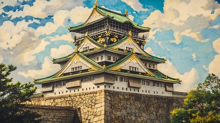 Fototapeta premium Majestic Osaka Castle, Japan, under a dramatic sky.