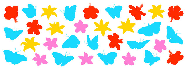Hibiscus, lily, plumeria flowers and morpho butterflies on transparent background, silhouette illustrations, tropical illustration collection
