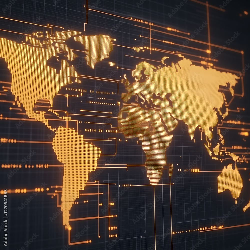 Poster abstract global network connection world map in digital cyber space with circuit board lines