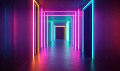 Fototapeta premium Neon Corridor Colorful LED Lights, Perspective, Abstract Art, 3D Render, Cyberpunk, Virtual Reality Cyberpunk, Abstract Art