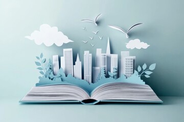 Fototapeta premium Paper Cityscape Emerging from Open Book 3D Paper Art, City, Nature, Book, Birds, Cloud, Urban Landscape Cityscape