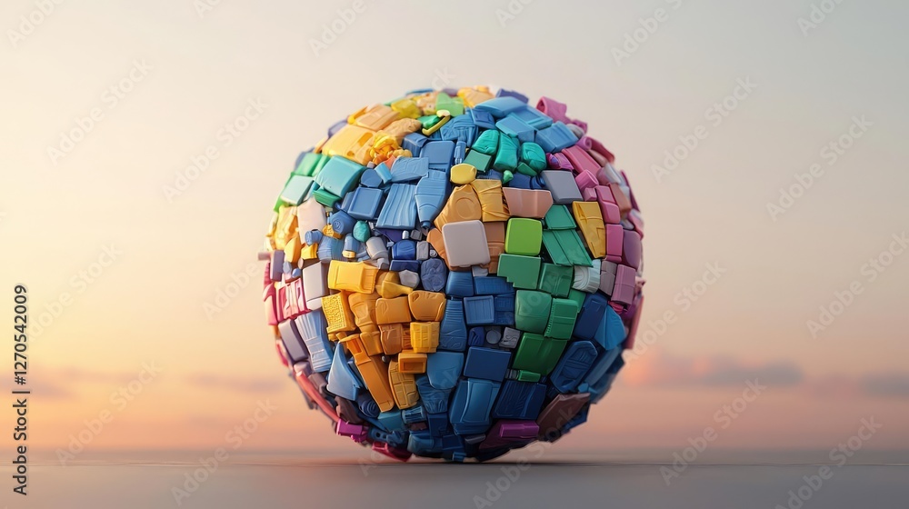 Poster plastic pollution idea. a colorful globe created from scattered puzzle pieces representing unity and