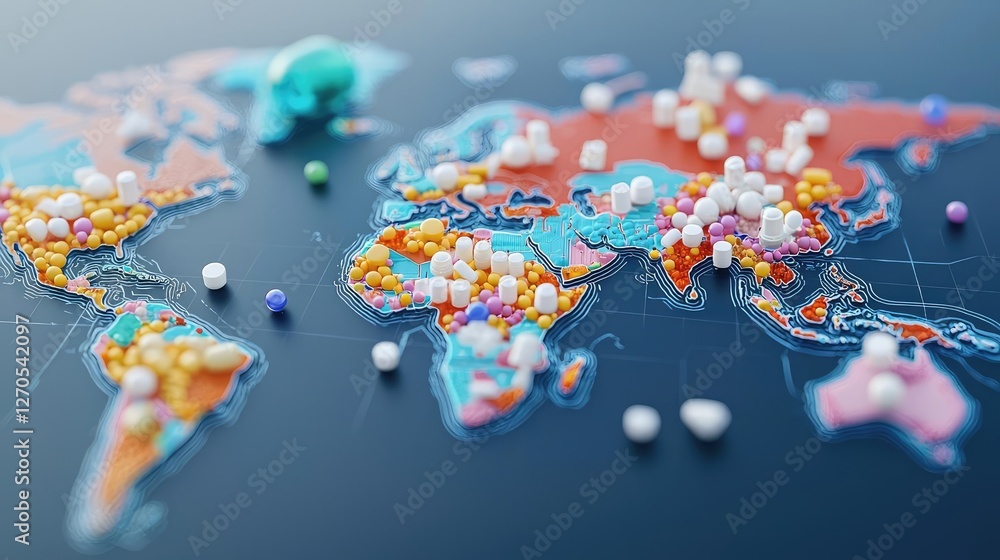 Poster plastic pollution idea. colorful map of the world showcasing data points and geographic distribution
