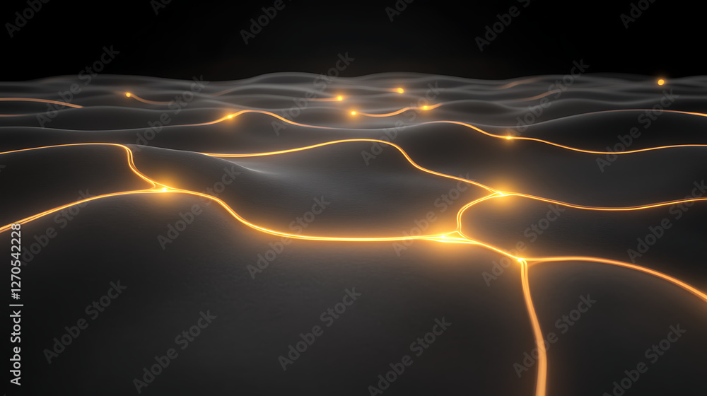 Poster abstract glowing network on wavy surface in dark environment with orange light lines and nodes