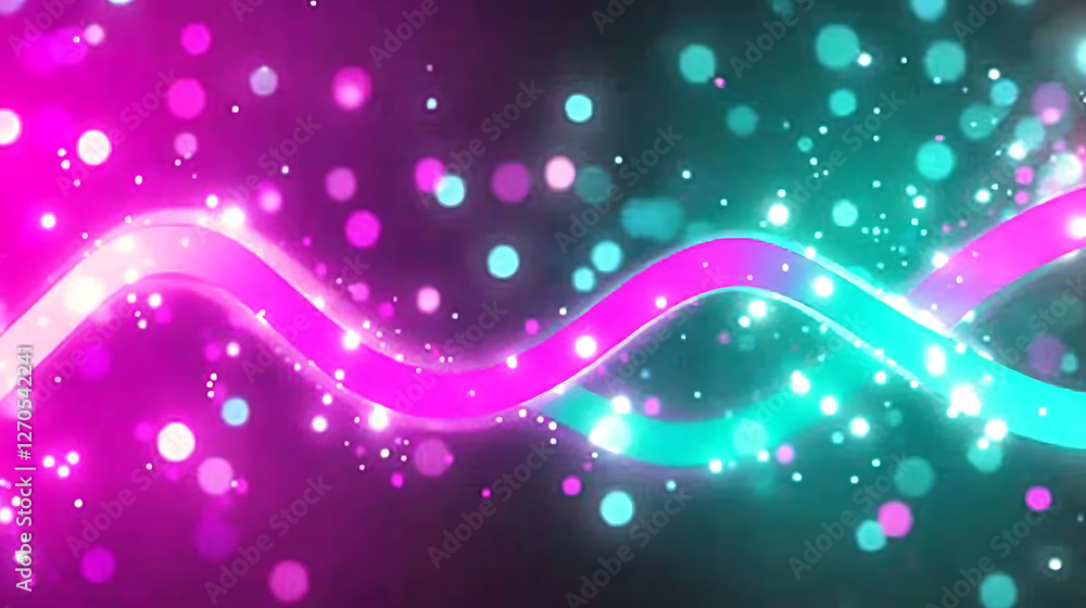 Poster abstract glowing light waves magenta and teal with bokeh effect background creative design