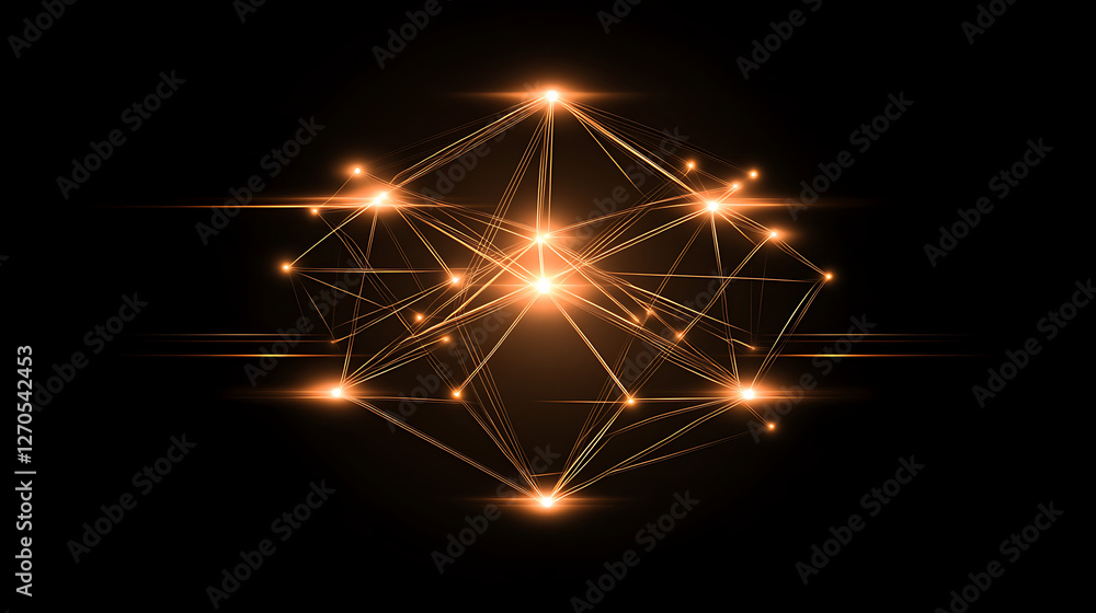 Poster abstract golden geometric network structure with light flares on dark background visualization