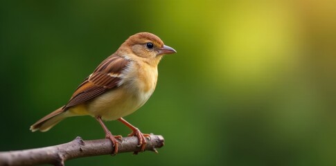 Close-up of a small brown finch perched on a branch, twig, park