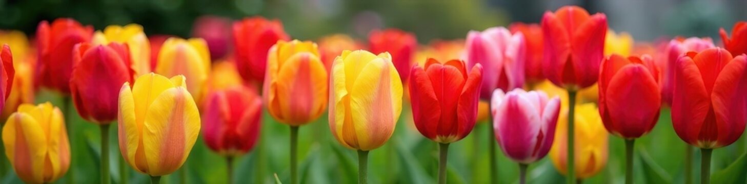 Colorful tulip display, blooming in Morges, Switzerland , tulip field, floral background