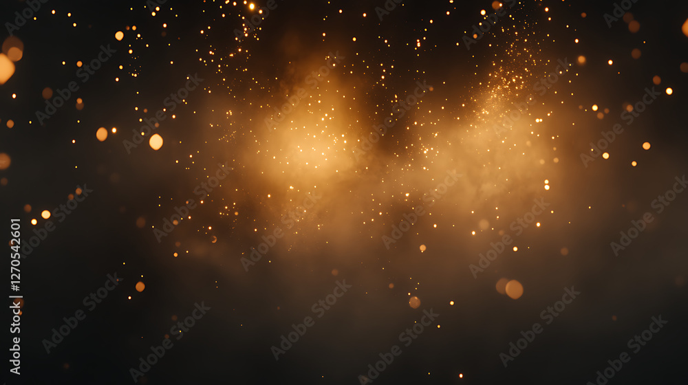Poster abstract golden particles floating in dark space digital graphic design opulent background