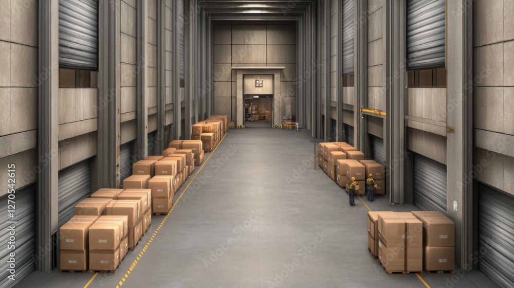 Poster a vast warehouse with automated systems and workers organizing inventory.