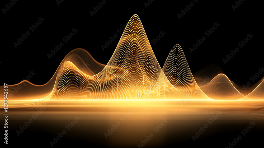 Poster abstract golden waveforms flowing with light and energy on a dark background design element