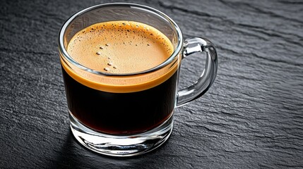 Dark coffee served in a clear glass mug on a rustic black stone surface in a cozy setting