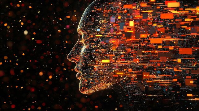 Abstract Portrait with Digital Glitches and Colorful Particles