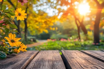 Wooden table autumn park sunset background