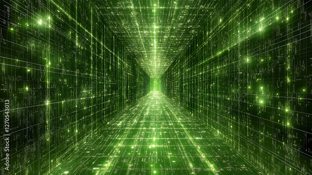 Poster abstract green matrix digital tunnel technology background with glowing elements and data streams