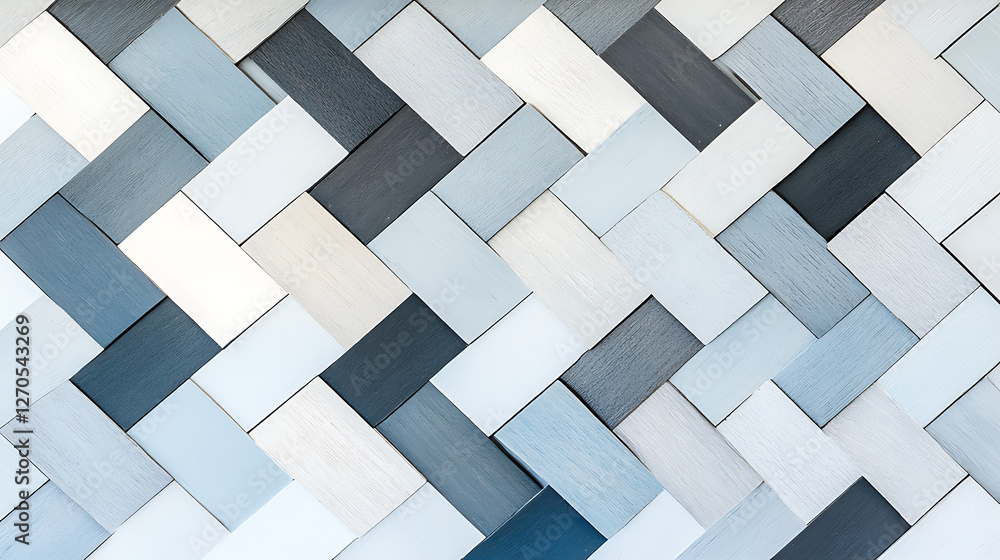 Poster abstract herringbone pattern with harmonious blue and white tones rectangular tiles arrangement