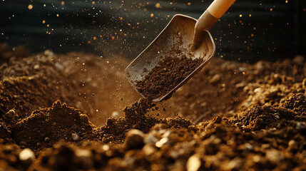 Freshly dug soil with a shovel capturing soil particles in sunlight for gardening concepts