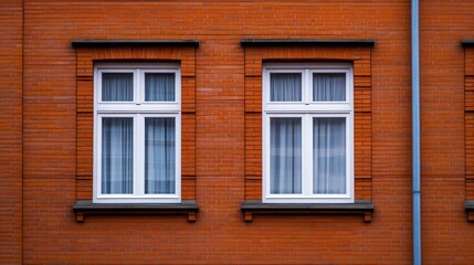 Fototapeta premium Symmetrical arrangement of two white-framed windows on a vibrant orange brick wall