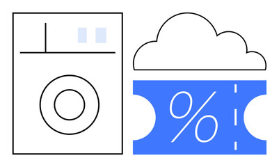 Washing machine alongside a blue coupon with a percentage sign and cloud symbol. Ideal for smart home technology, efficient laundry, online discounts, cloud integration, appliance purchases, cost