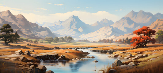 A wide view of a river valley. The river is shallow and wide