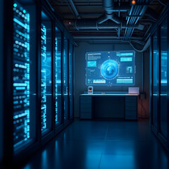 This striking image captures a neon-lit server room featuring sleek blue glowing racks and intricate cable arrangements, reflected elegantly on a polished black floor. 