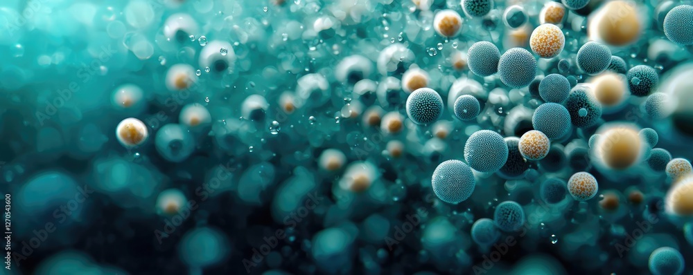 Poster plastic pollution idea. abstract representation of cells and particles in a fluid environment.