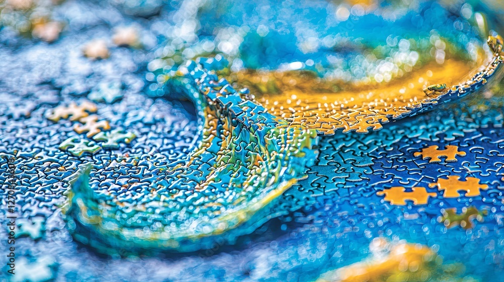 Poster colorful puzzle pieces creating dynamic wave pattern on surface