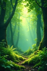 Enchanted Forest Path A Serene Journey Through Lush Greenery and Sunlight Dappled Through the Canopy