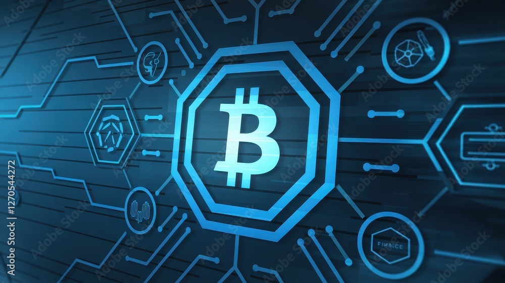 Aufkleber bitcoin digital currency representation with blockchain technology in blue tone