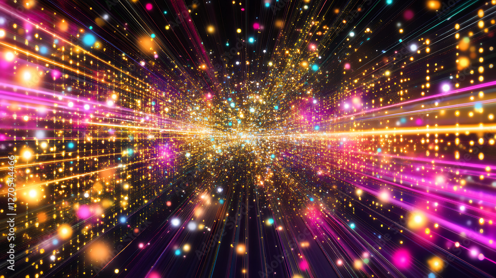 Poster abstract light burst network connection visualization with data transmission and shiny particles