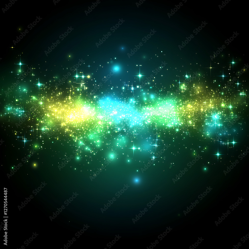 Poster abstract light burst with shimmering particles of green and gold on a dark backdrop design