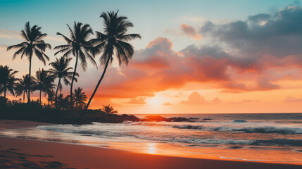 Silhouetted palm trees standing tall on a serene tropical beach at sunset with modern vintage color palette.