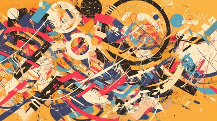 Abstract art, chaotic shapes, vibrant colors, dynamic composition, website background