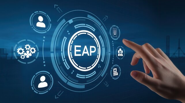 Employee assistance program represented by a futuristic interface with icons