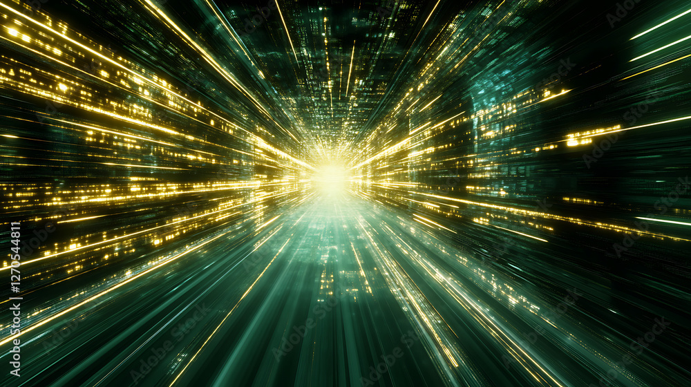 Poster abstract light speed data stream visualization with illuminated geometric forms and structures