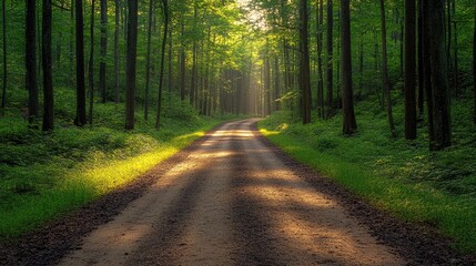 Fototapeta premium Sunlit dirt road winds through lush green forest. Perfect for travel, nature, and serenity themes.