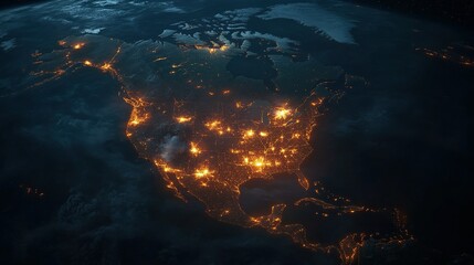 Obraz premium illustration of Canada and North America from space at night with city lights showing human activity in United States